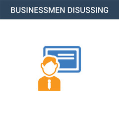 two colored Businessmen Disussing concept vector icon. 2 color Businessmen Disussing vector illustration. isolated blue and orange eps icon on white background.