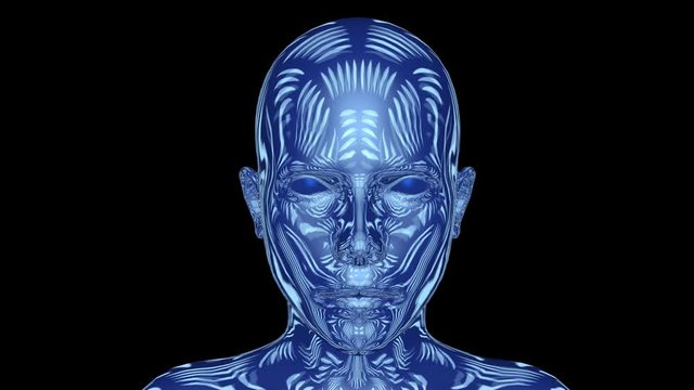 Robot , android humanoid female head with shapes, patterns moving gracefully on surface. 3d animation