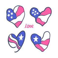 A collection of bright USA hearts. Vector flag of America. Illustration for the design of Independence Day, national holidays.