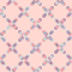 Vector geometric seamless pattern. Simple abstract ornament with small cross shapes, squares, arrows, grid. Stylish ornament with colorful particles on pink background. Funky texture. Repeat design