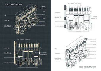 Diesel engine Blueprints - obrazy, fototapety, plakaty