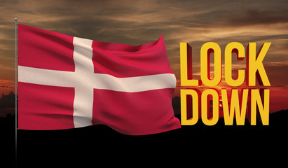 Coronavirus COVID-19 lockdown concept with waving national flag of Denmark. Pandemic 3D illustration.