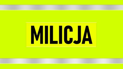 Milicja logo concept, black text placed on a bright green - yellow background. After 1944 in many countries under the influence of the USSR the police were called militia as in Poland today by Society © stockcrafter