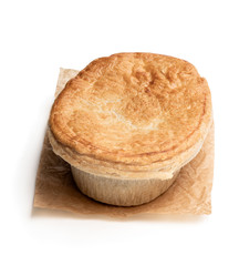 Homemade flaky pasty with chicken and mushroom filling isolated on white
