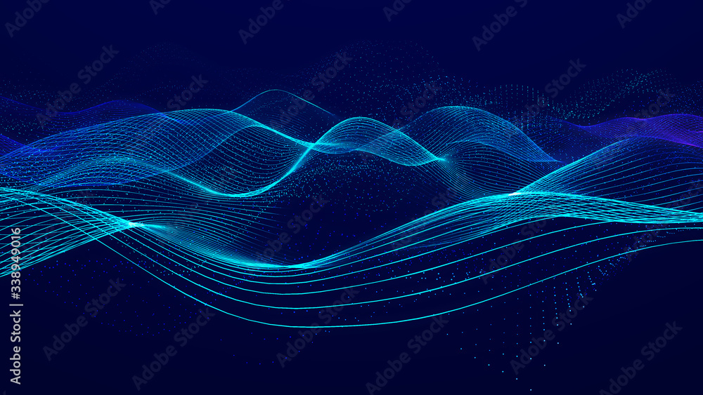 Fototapete Futuristic wave on dark background. Colored pattern of connection lines. Technology or science. Pattern for background, wallpaper, presentation, design. 3D