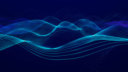 Futuristic wave on dark background. Colored pattern of connection lines. Technology or science. Pattern for background, wallpaper, presentation, design. 3D