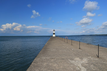 Erie Harbor Pierhead Lighthouse pier Pennsylvania. Isle North Pierhead Lighthouse on shore of Lake Erie in Pennsylvania. Built in 1800's. Nautical navigation historical building.