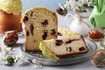 Easter cake with a slit and jam inside and Easter eggs decorated with spices and cereals,...