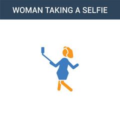two colored Woman Taking a Selfie concept vector icon. 2 color Woman Taking a Selfie vector illustration. isolated blue and orange eps icon on white background.