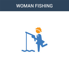 two colored Woman Fishing concept vector icon. 2 color Woman Fishing vector illustration. isolated blue and orange eps icon on white background.