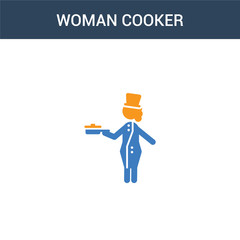 two colored Woman Cooker concept vector icon. 2 color Woman Cooker vector illustration. isolated blue and orange eps icon on white background.
