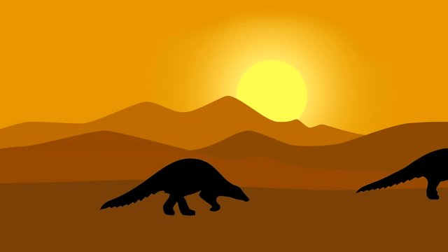 Pangolins walking in the savanna, animation with pangolins