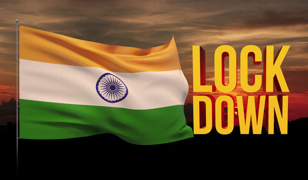 Coronavirus COVID-19 lockdown concept with waving national flag of India. Pandemic 3D illustration.