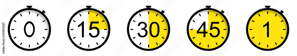 Poster timer icons on a white background. countdown in the form of a timer on a white background in a flat 