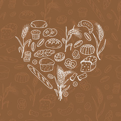 Bakery. Bread Baking Vector Set in Heart shaped. Hand drawn Doodles illustration
