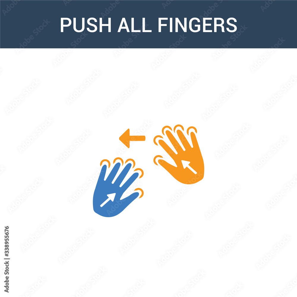 Poster two colored push all fingers to twist left concept vector icon. 2 color push all fingers to twist le