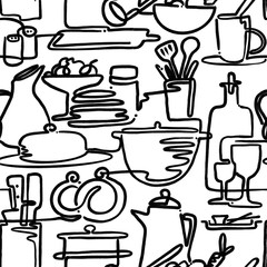 Black line pattern on a white background. On the kitchen. Digital illustration.