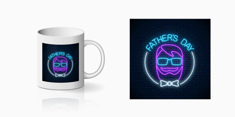 Neon greeting text to father's day for cup design. Glowing sign to daddy's holiday from children design, banner in neon style on mug mockup. Vector shiny design element