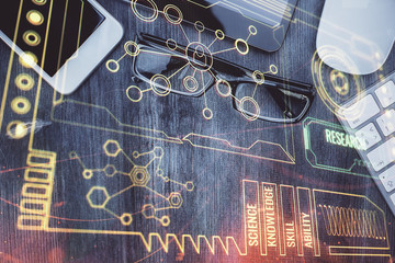 Multi exposure of technology theme drawing over work table desktop. Top view. Global data analysis concept.