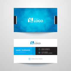Business card layout with blue elements.