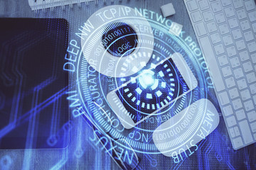 Multi exposure of technology theme drawing over work table desktop. Top view. Global data analysis concept.