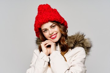 Cheerful woman winter jacket Little Red Riding Hood smile Studio