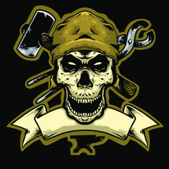 skull head blacksmith with hammer and iron logo design mascot vector