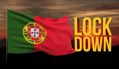 Naklejka premium Coronavirus COVID-19 lockdown concept with waving national flag of Portugal. Pandemic 3D illustration.