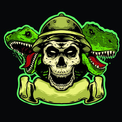 skull head with dinosaur and banner logo mascot design vector