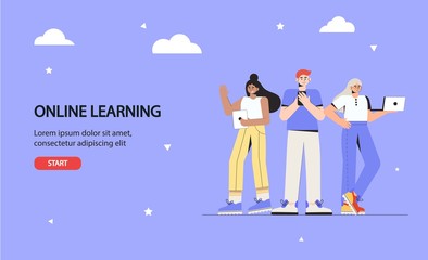 Online education concept for banner and website. Landing page template. Young students stand and hold laptops and smartphones. Flat style vector illustration.