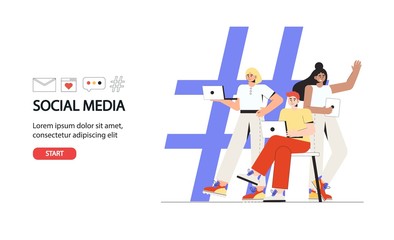 Social Media Concept for banner and website. Hashtag - big symbol with  people using laptop and tablet. Young people customer sending posts and sharing. Landing page template. Flat style vector.