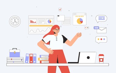 Distance home-based online learning.  Computer, laptop with teacher blogger speaker online course video tutorial, live broadcast in room. Online education concept, landing page design.