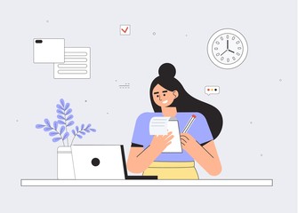 Woman using laptop and writes a lecture in a notebook. Education online training courses, self education, e-learning, distance studying, webinar, coaching concept. Flat style vector illustration.