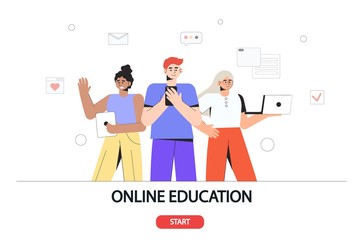 Online education concept for banner and website. Landing page template. Young students stand and hold laptops and smartphones. Flat style vector illustration.
