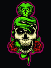 Fototapeta premium skull head with snake and rose logo mascot design vector