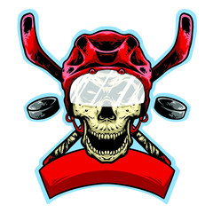skull helmet head hokey with stick and banner logo design mascot vector