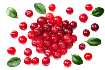 Cranberry with green leaves isolated on white background. top view