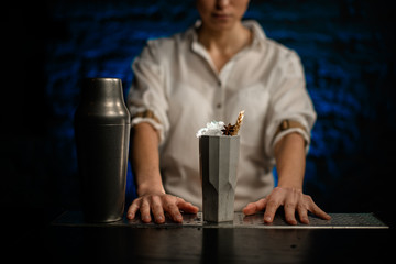 Close-up ceramic glass with ice and shaker on bar counter.