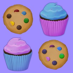 Set cupcake and cookies on purple background 