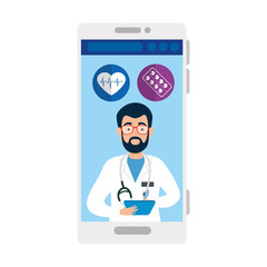 medicine online with doctor male in smartphone and icons vector illustration design