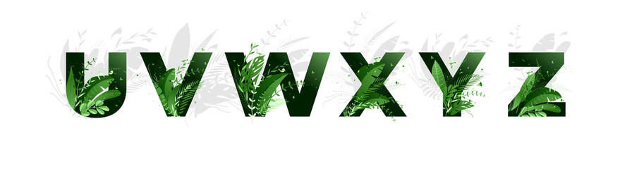Vector illustration. Flower font alphabet u,v,w,x,y,z. Green letters and elements of nature, branches leaves and birds © Molibdenis-Studio