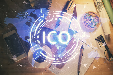 Multi exposure of crypto theme drawing and work table top veiw. Concept of blockchain technology in business.