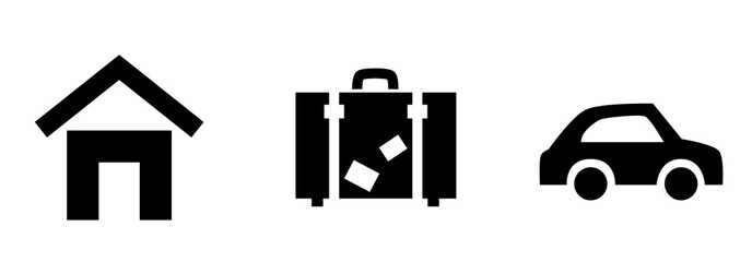 House, suitcase, car glyph icon. Black real estate relocation concept. Outline travel set element. Baggage, building, transportation ownership sign. Insurance web button Isolated on white background