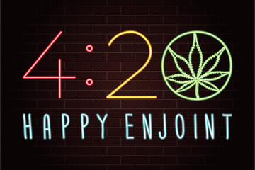 420 Happy Enjoint Logo Lettering with Cannabis or Marijuana Leaf and Numerals Glowing Neon Light Style - Green Red and Yellow on Dark Brick Wall Background - Hand Drawn Doodle Design
