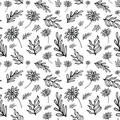 Seamless herbal pattern with ornate flowers and twigs on white background. Vector illustration for wallpaper, textile, print, billboard, background. Doodle style.	