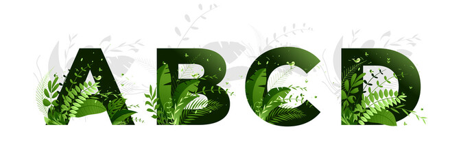 Vector illustration. Flower font alphabet a,b,c,d. Green letters and elements of nature, branches leaves and birds