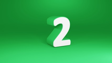 Number 2 in white on green background, isolated number 3d render