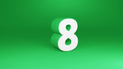 Number 8 in white on green background, isolated number 3d render