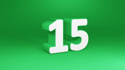 Number 15 in white on green background, isolated number 3d render