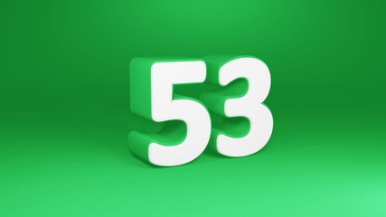 Number 53 in white on green background, isolated number 3d render